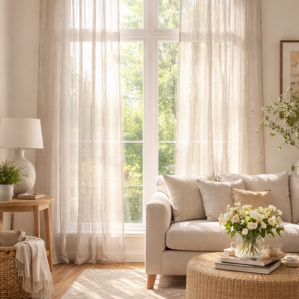 Sheer Linen-Blend Curtain Panel in Beige - Home Accents. Set of 2. 50W X 64L